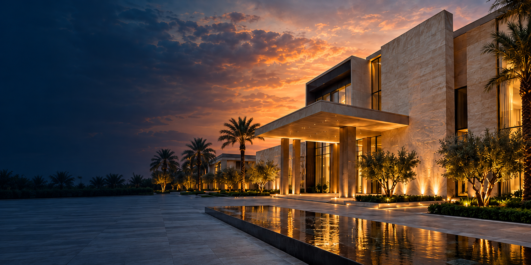 Architectural visualisation of a contemporary stone villa at sunset